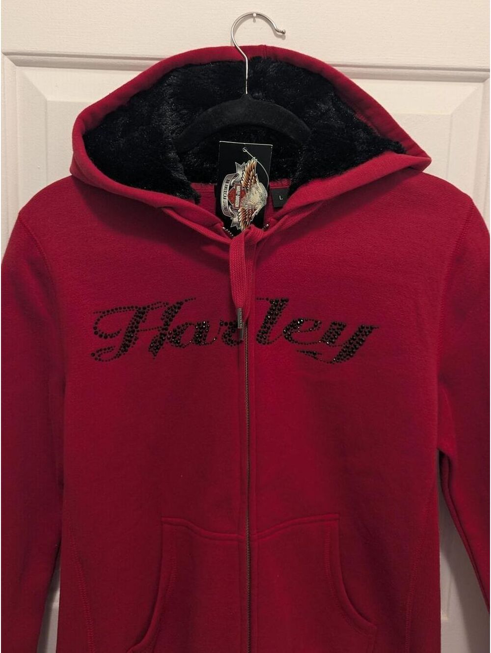 Sz.L Harley-Davidson Red Fuzzy Lined Maroon Hoodie Sweatshirt with Black Harley